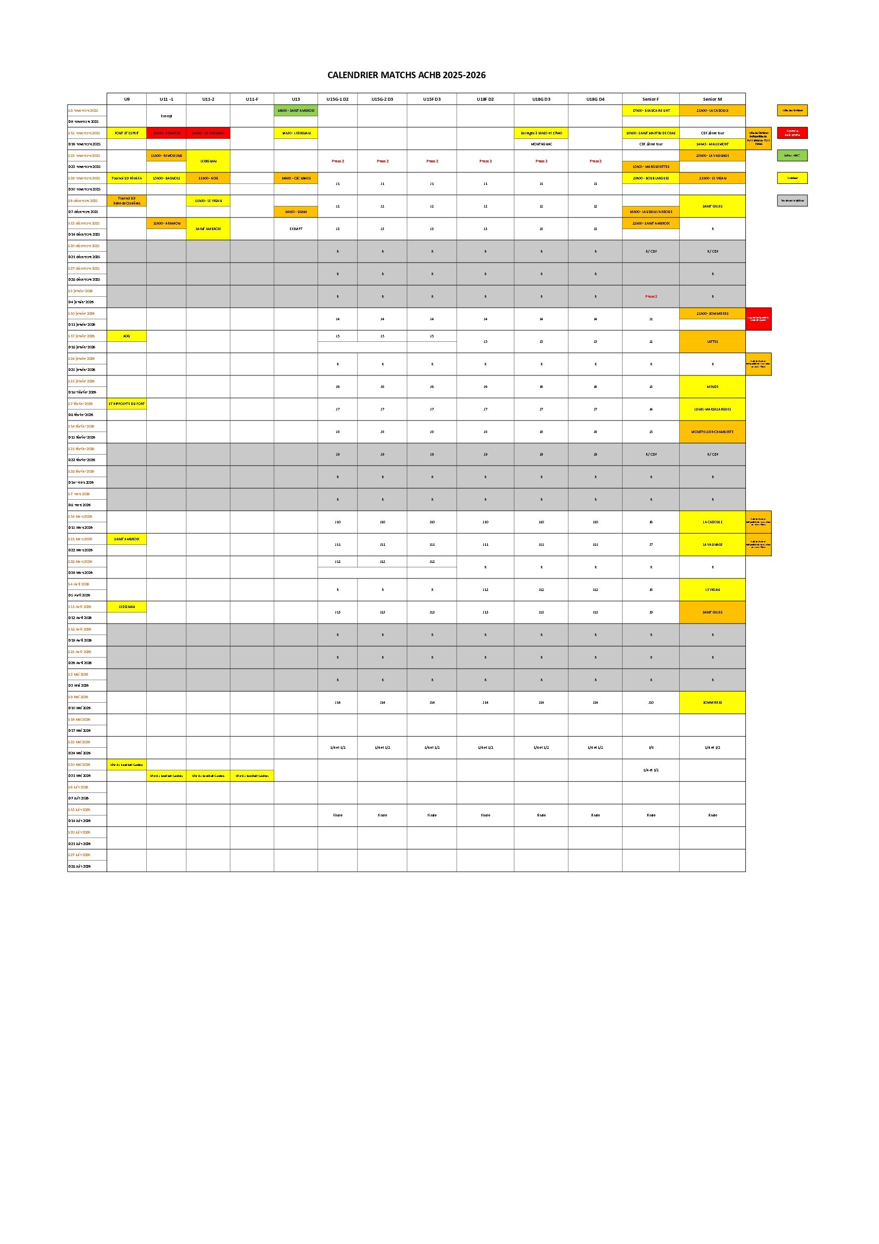 Calendrier des matchs ACHB 2025-2026