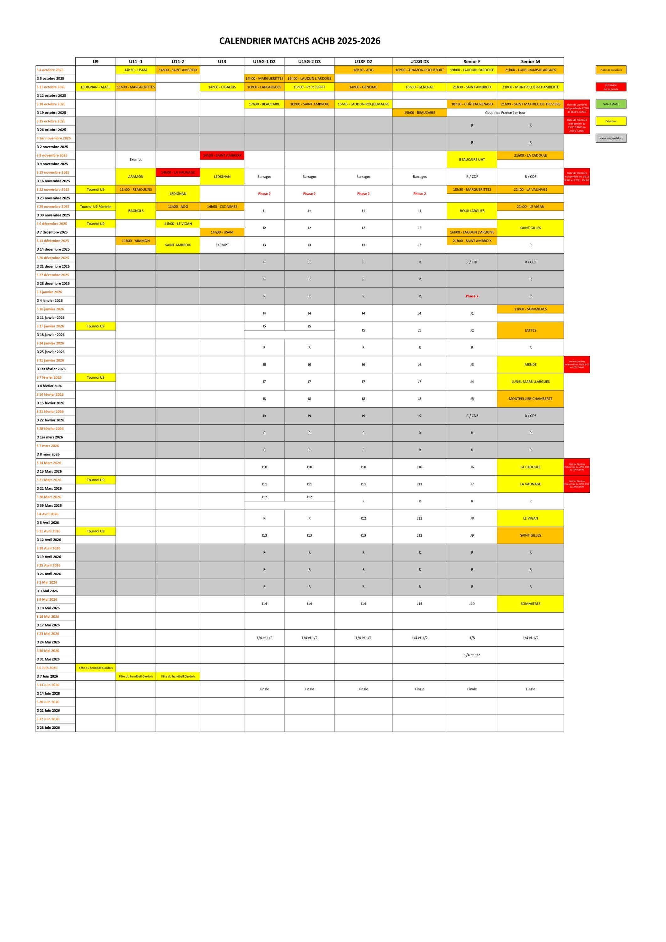Calendrier des matchs ACHB 2025-2026